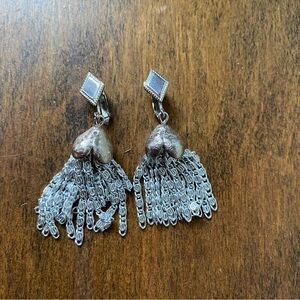 Vintage Sarah Coventry Tassel Clip On Earrings Silver Boho Dangle Earrings Heart